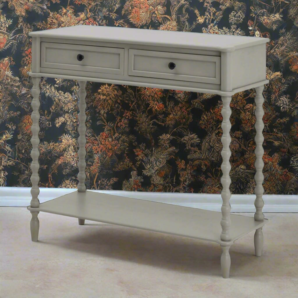 Camden two-drawer console in warm grey, solid wood construction with smooth-gliding drawers and visible grain by Sostter at brixbailey.com