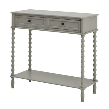 Camden two-drawer console in warm grey, solid wood construction with smooth-gliding drawers and visible grain by Sostter at brixbailey.com