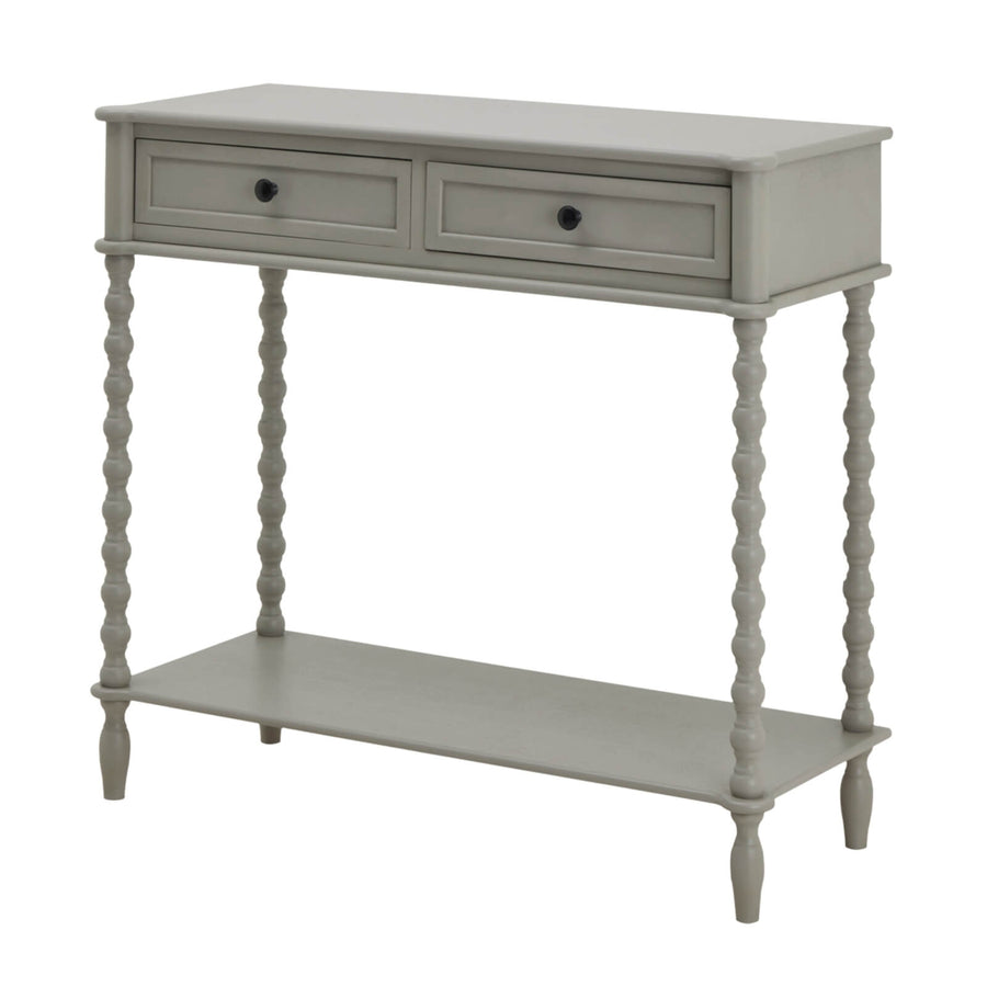 Camden two-drawer console in warm grey, solid wood construction with smooth-gliding drawers and visible grain by Hill Interiors at brixbailey.com