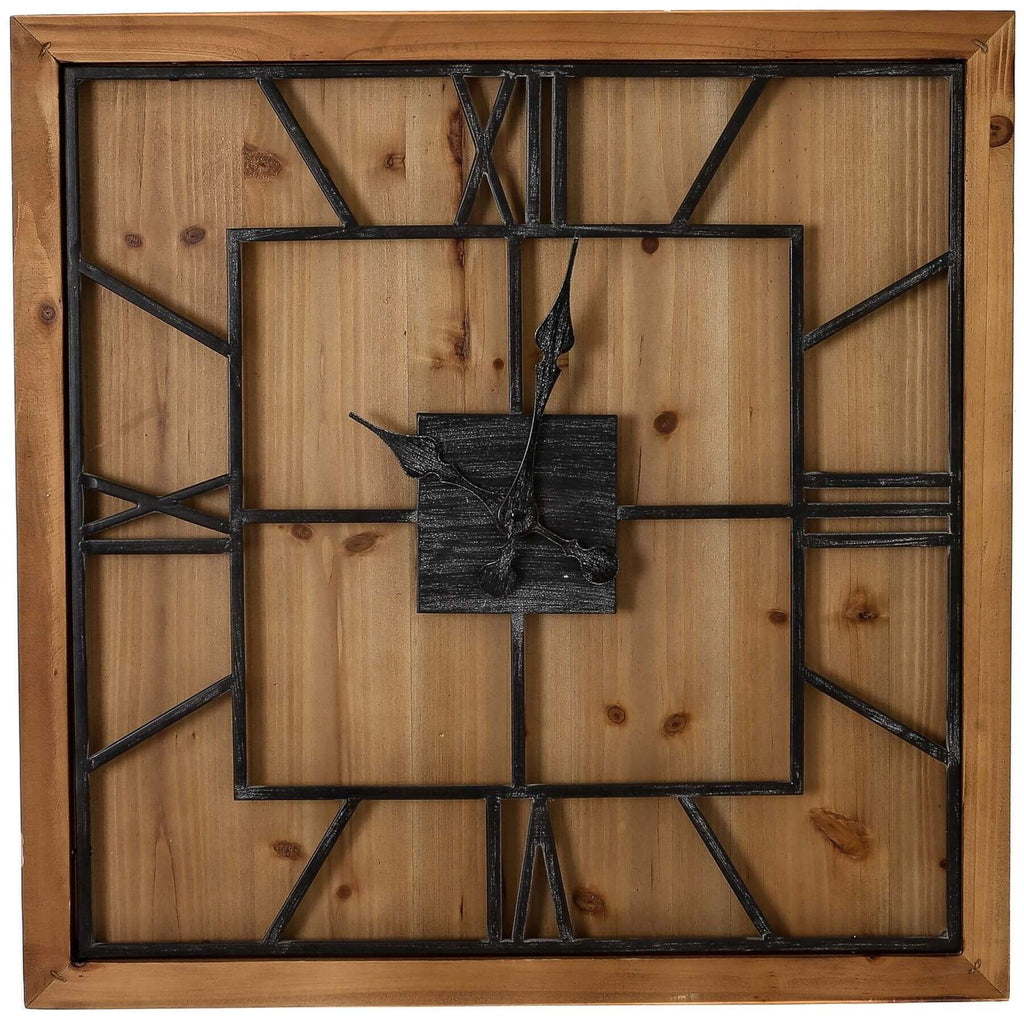 Large 90cm square wall clock with grey metal roman numerals on natural wood, modern farmhouse decor statement piece by Sostter at brixbailey.com