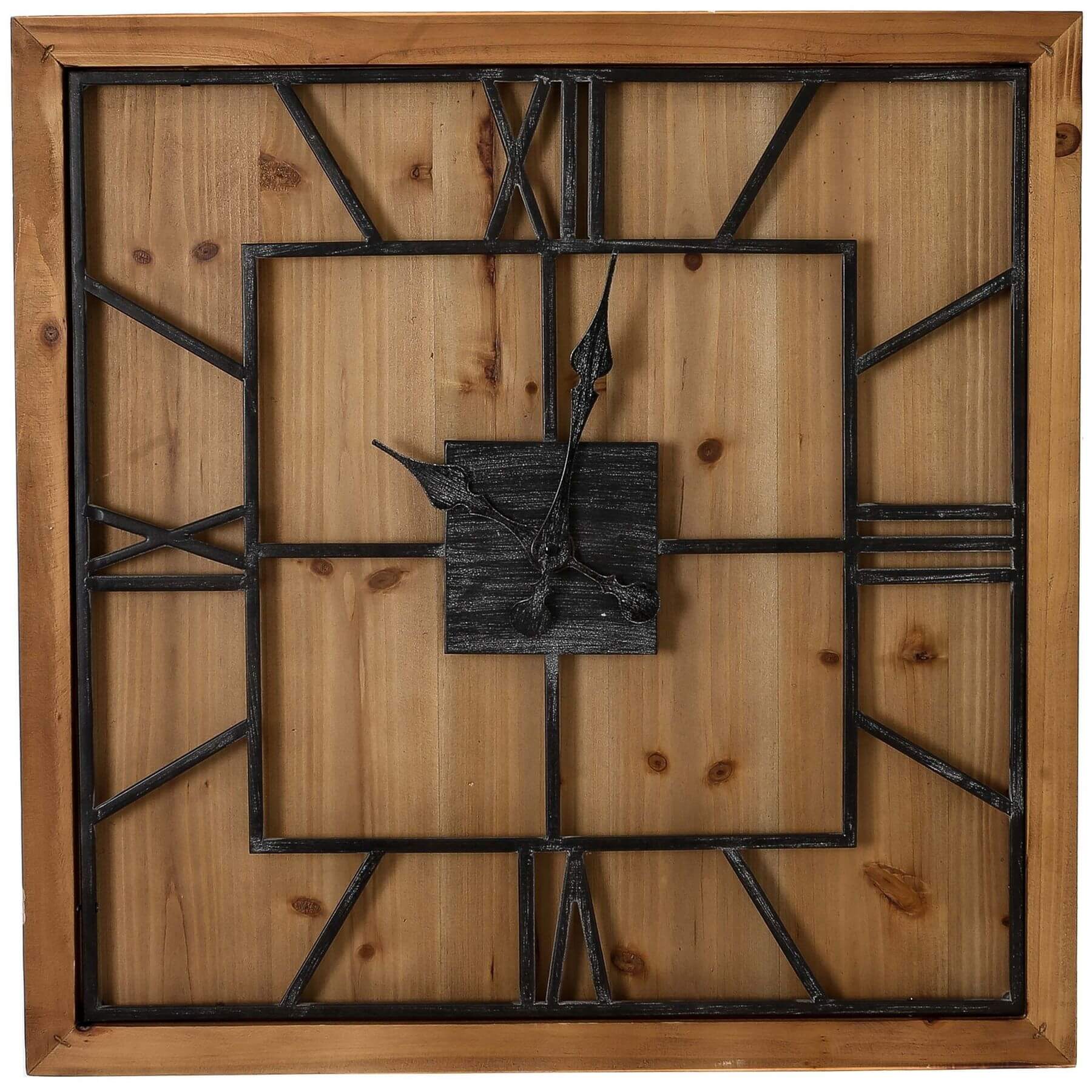 Large 90cm square wall clock with grey metal roman numerals on natural wood, modern farmhouse decor statement piece by Sostter at brixbailey.com