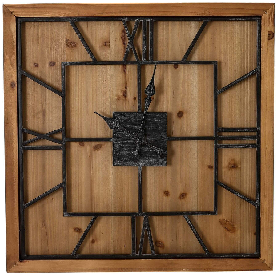 Large 90cm square wall clock with grey metal roman numerals on natural wood, modern farmhouse decor statement piece by Sostter at brixbailey.com