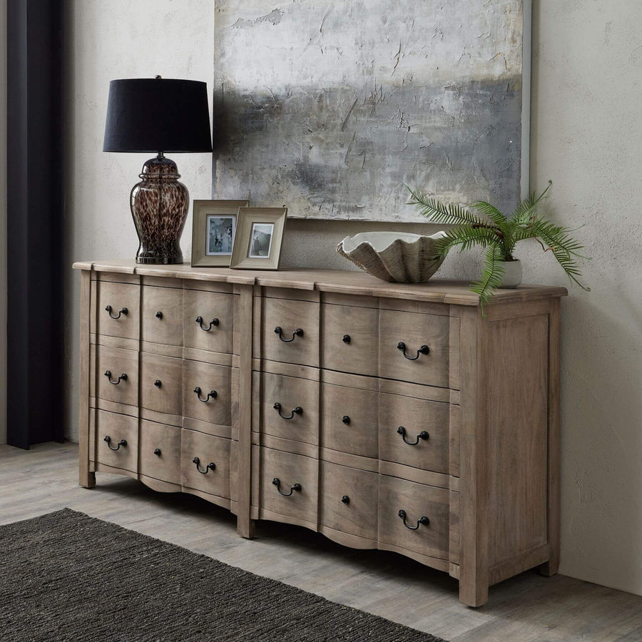 French Provincial chest with black iron handles, washed wood finish, six spacious drawers, and solid hardwood construction. by Sostter at brixbailey.com
