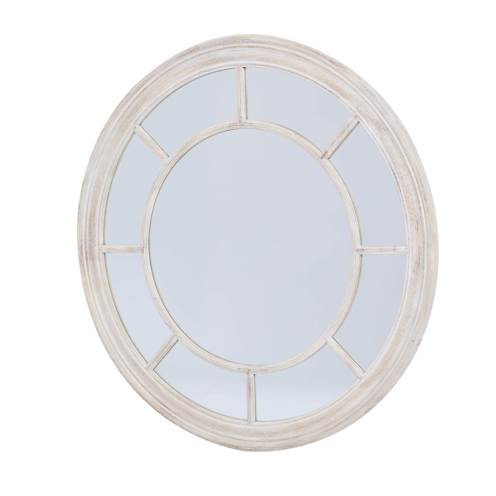 Handcrafted driftwood-style round mirror with weathered patina, 90cm diameter, warm brown wood frame for coastal decor. by Sostter at brixbailey.com