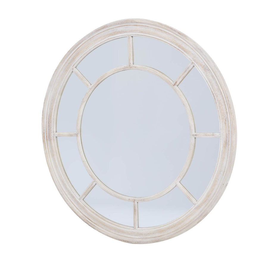 Handcrafted driftwood-style round mirror with weathered patina, 90cm diameter, warm brown wood frame for coastal decor. by Sostter at brixbailey.com