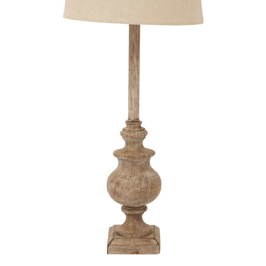 Brown resin candlestick table lamp with linen shade, 80cm tall, warm ambient lighting for living rooms and bedrooms. by Sostter at brixbailey.com