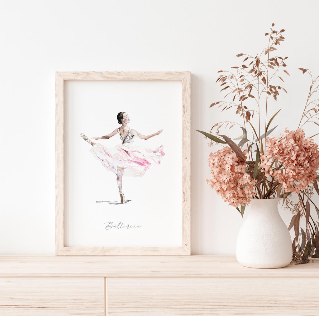 Hand-Painted Ballerina Illustration Print – Dance-Inspired Art for Nursery, Bedroom, or Playroom (Unframed or Framed Options)