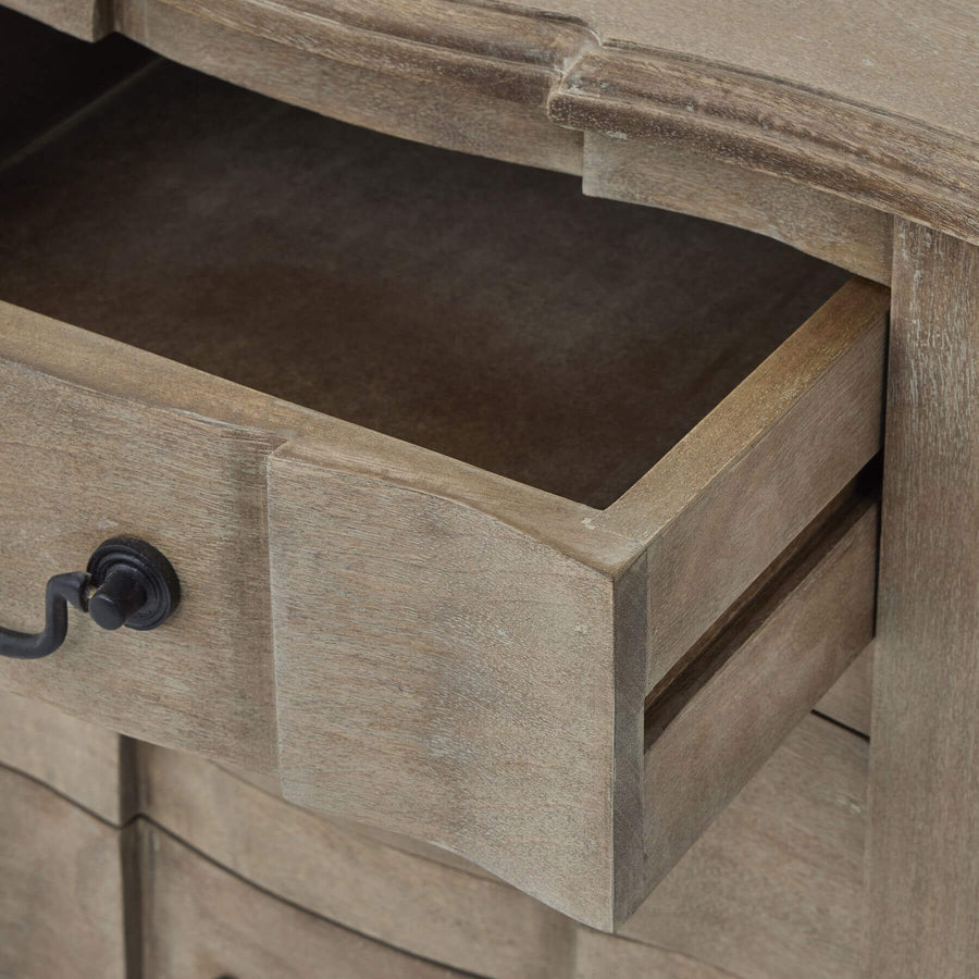 French-inspired hardwood chest of drawers with black iron handles and bleached wood finish, six spacious drawers. by Sostter at brixbailey.com