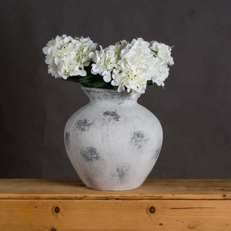 Large antique white ceramic vase with Greek-inspired design, 41cm tall, neutral stone finish for floral arrangements by Sostter at brixbailey.com