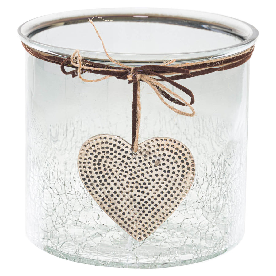 Midnight ombre glass vessel with crackled texture, hand-hammered heart charm, and faux leather cord for candles or decor. by Sostter at brixbailey.com