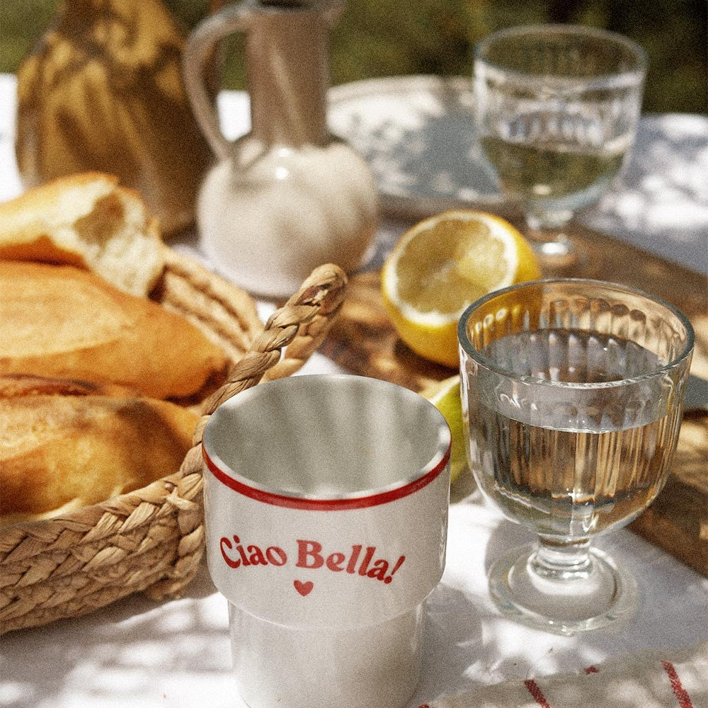 ciao bella ceramic mug shown in a well-lit kitchen, highlighting its practical 300ml capacity and dishwasher-safe design
