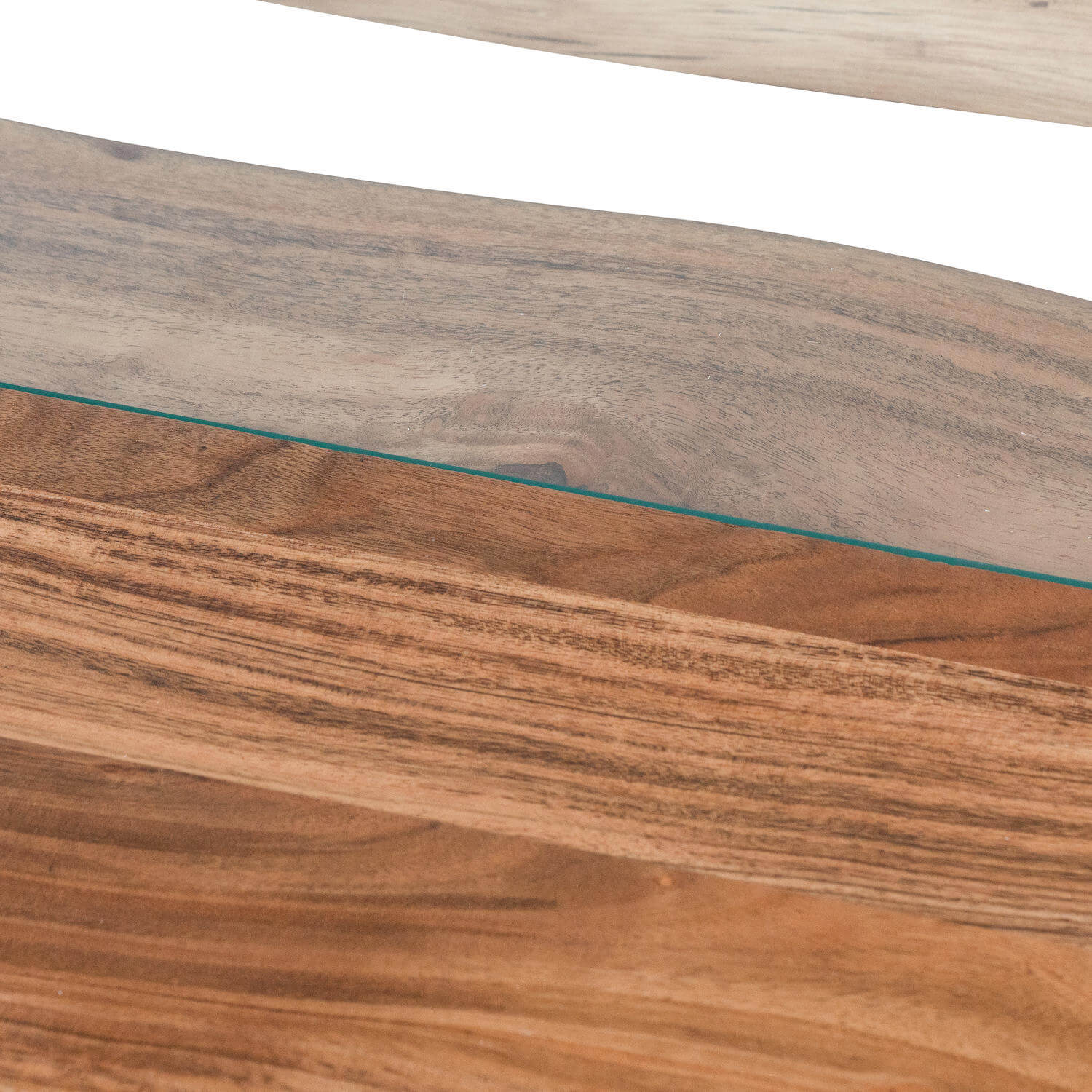 Live edge river dining table with tempered glass center and warm brown wood, modern rustic design. by Sostter at brixbailey.com