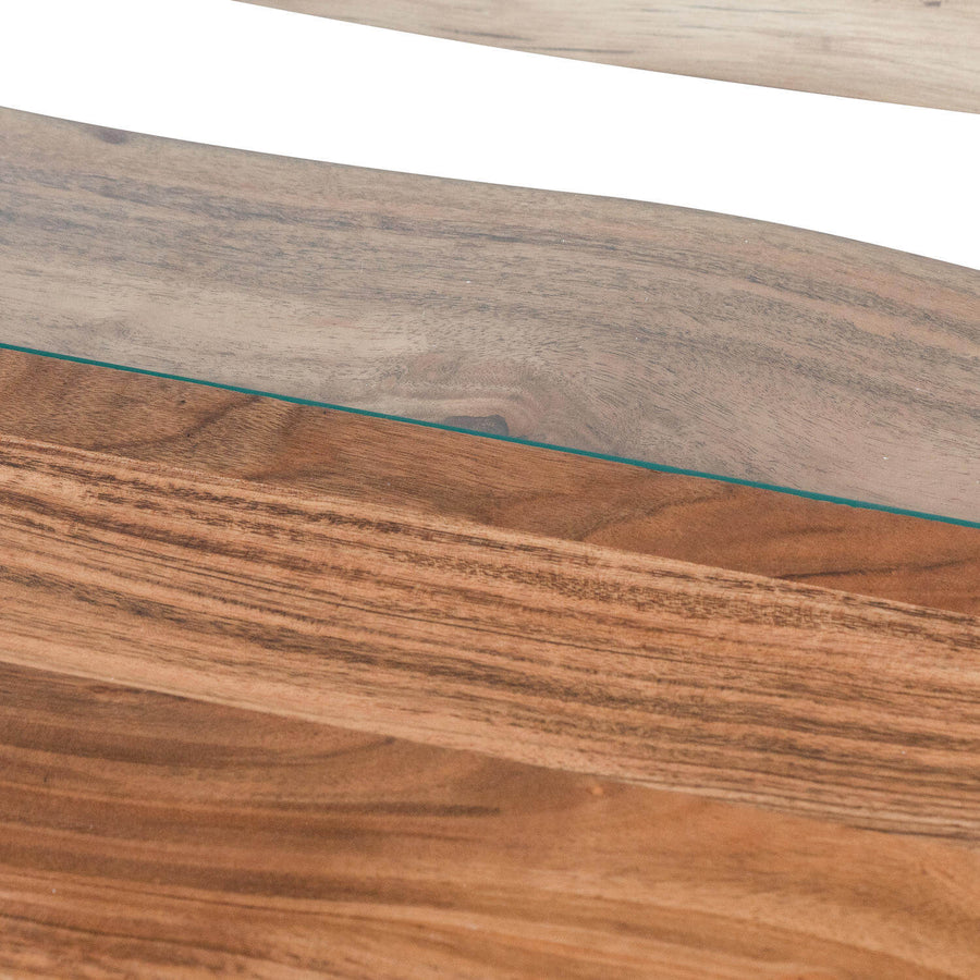 Live edge river dining table with tempered glass center and warm brown wood, modern rustic design. by Sostter at brixbailey.com