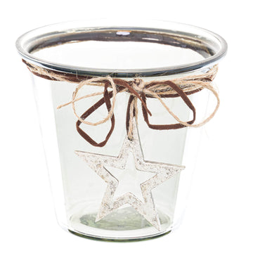 Handcrafted smoked glass star candle holder with hammered texture and rustic twine bow for holiday decor by Sostter at brixbailey.com