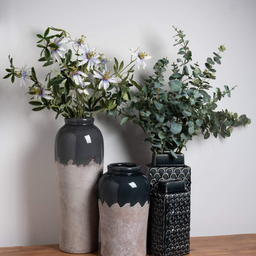 Handcrafted Mediterranean blue ceramic vase with intricate patterns, rectangular shape, 32cm height, for home decor. by Sostter at brixbailey.com