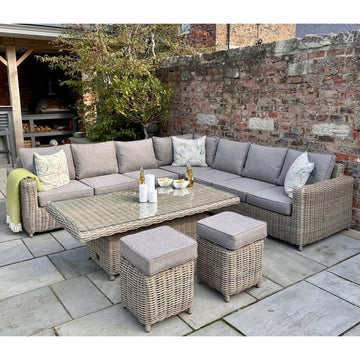 Beige modular sofa set with glass table and stool, contemporary design for spacious living room seating by Hill Interiors at brixbailey.com