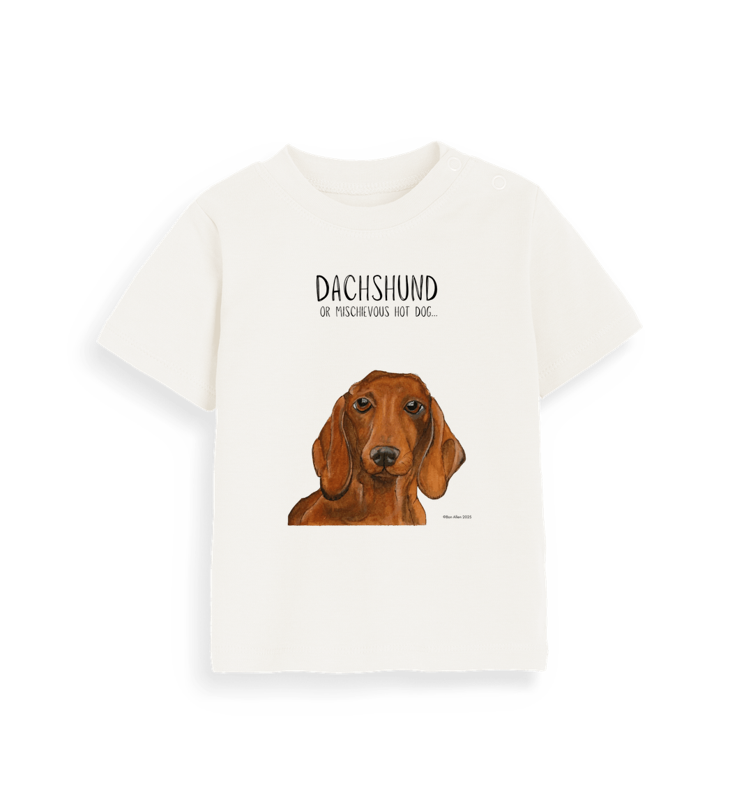 Mischievous Hot Dog Baby Tee – Small But Mighty! Red Dachshund