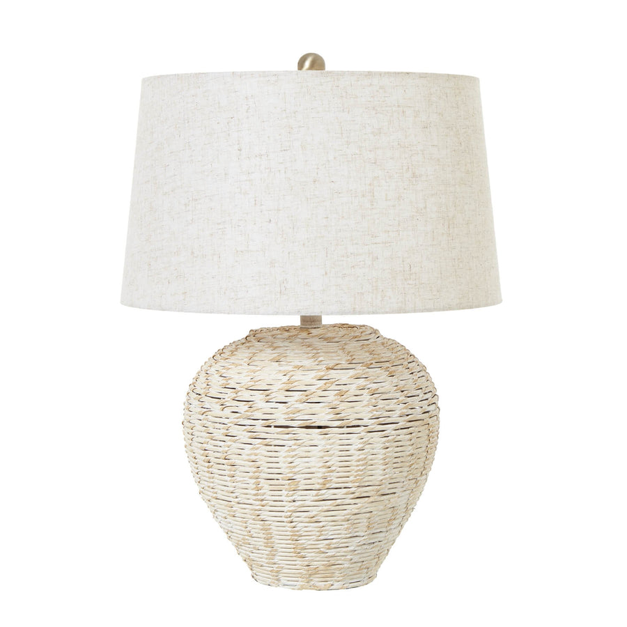 Handwoven whitewashed wicker table lamp with linen shade, earthy brown, for farmhouse or boho decor. by Sostter at brixbailey.com