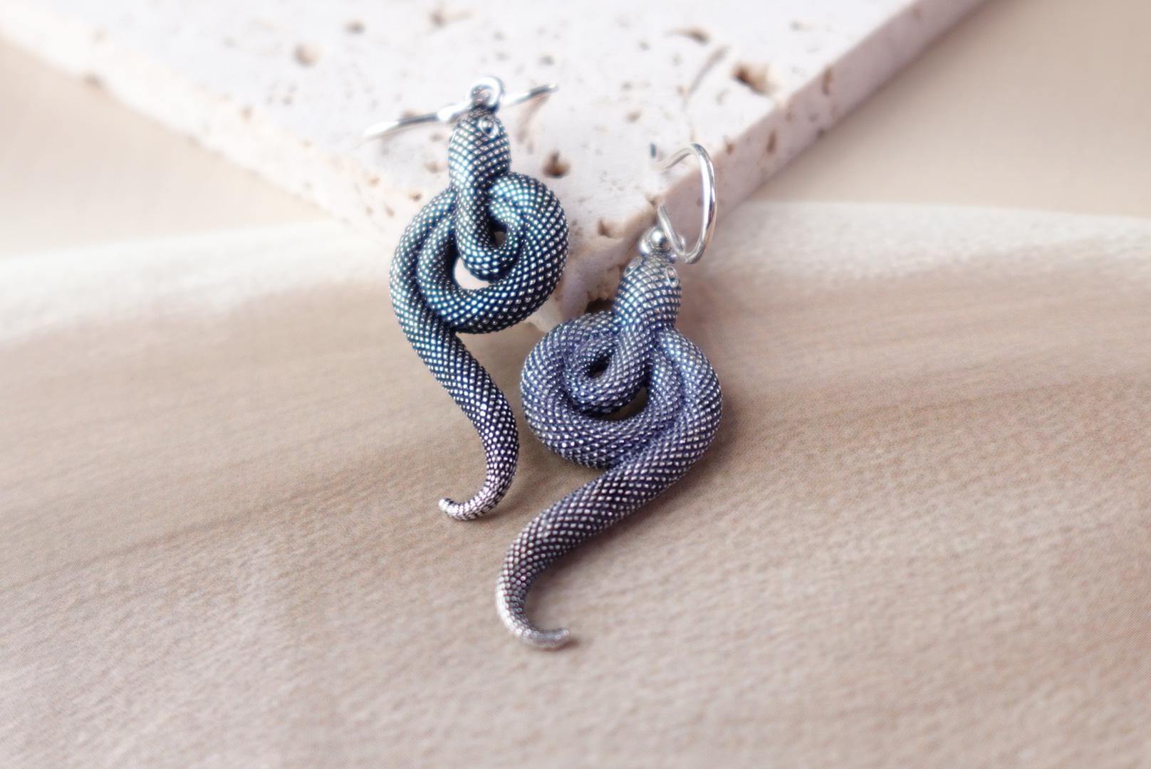 Venom Luxe Drops - Snake-Shaped Brass Dangles in Antique Silver-Gold Finish.