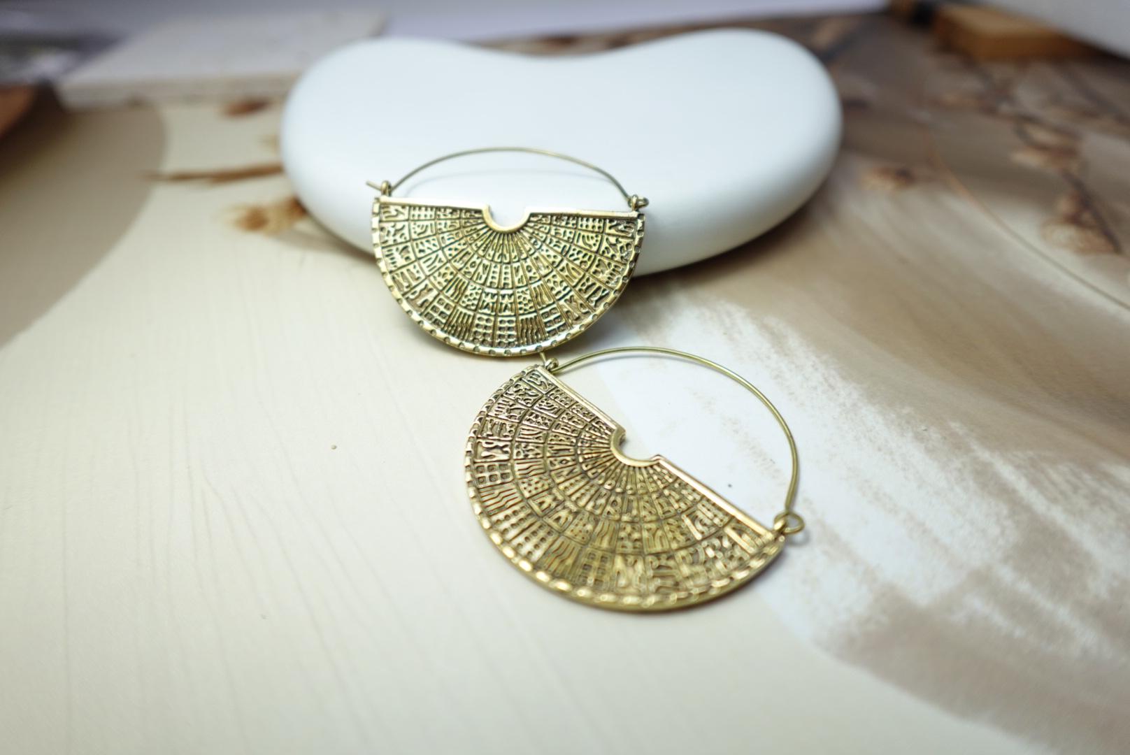 Half-Fan Brass Earrings – Ancient Mandala Statement Hoops.