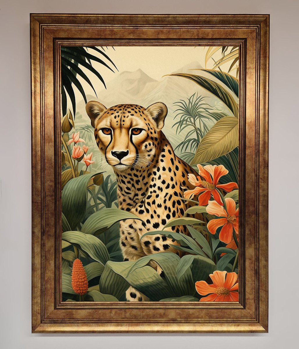 Cheetah In Flowers Framed Wall Art