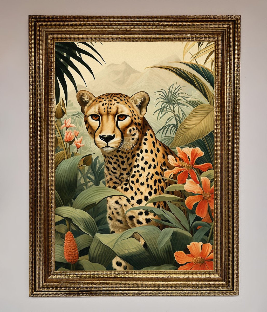 Cheetah In Flowers Framed Wall Art