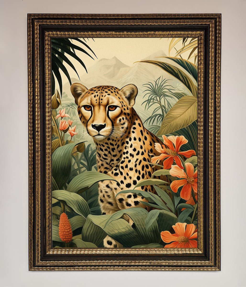 Cheetah In Flowers Framed Wall Art