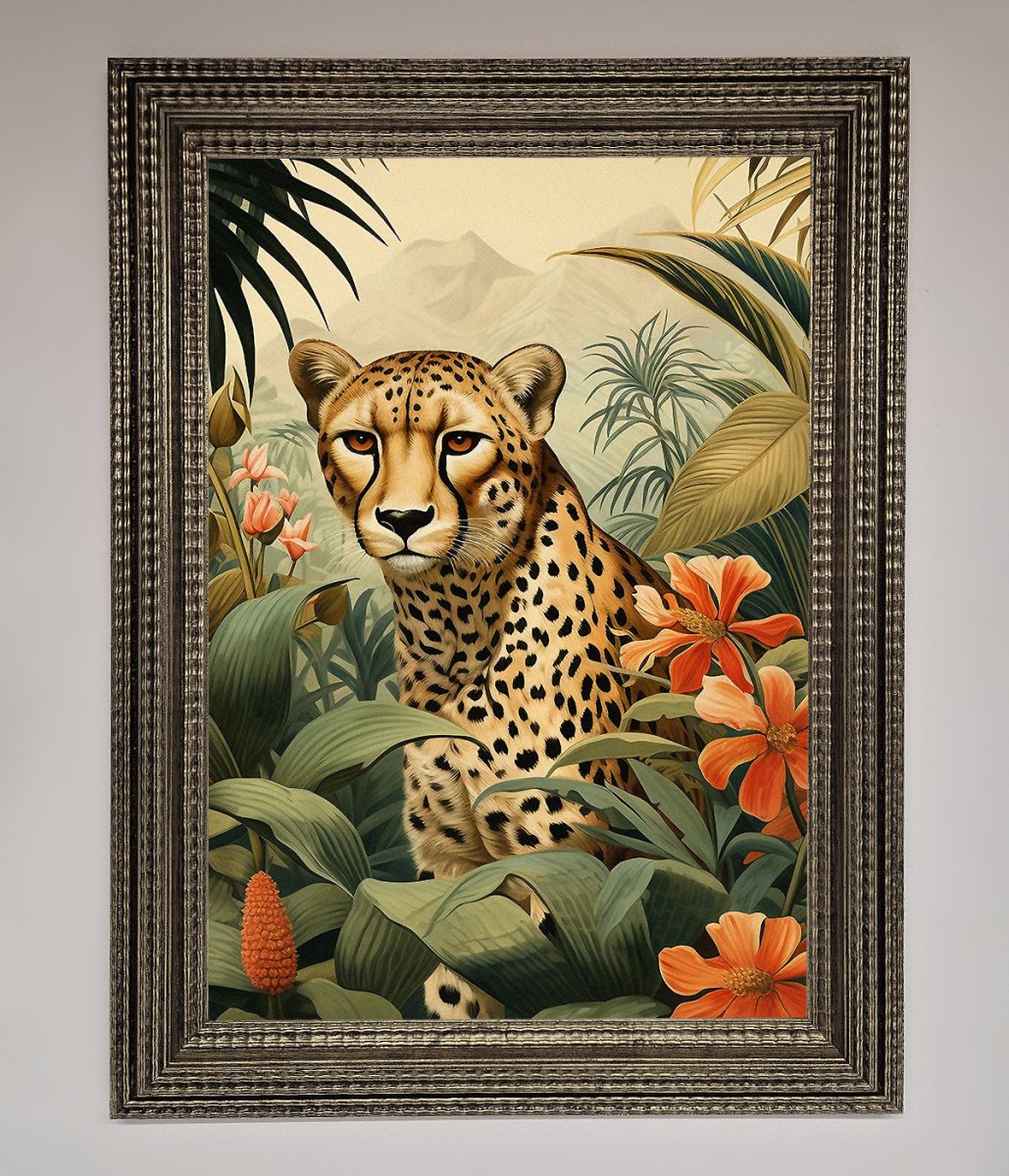 Cheetah In Flowers Framed Wall Art