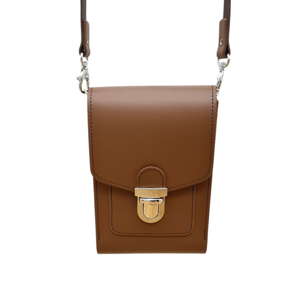 Leather Push Lock Crossbody Phone Case - Chestnut