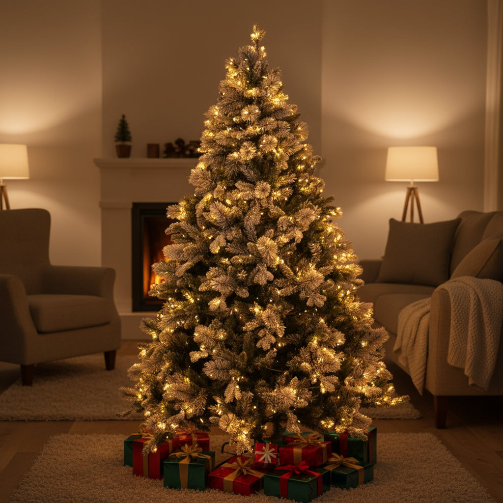 a bold close-up of the snowy forest fir christmas tree with 400 glowing warm leds