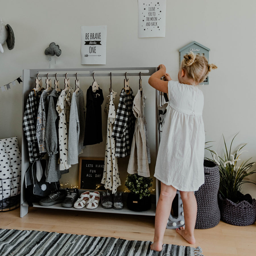 Versatile Toddler Dress Up Rack – Montessori Inspired Organizer by Montessori House Bed at www.brixbailey.com