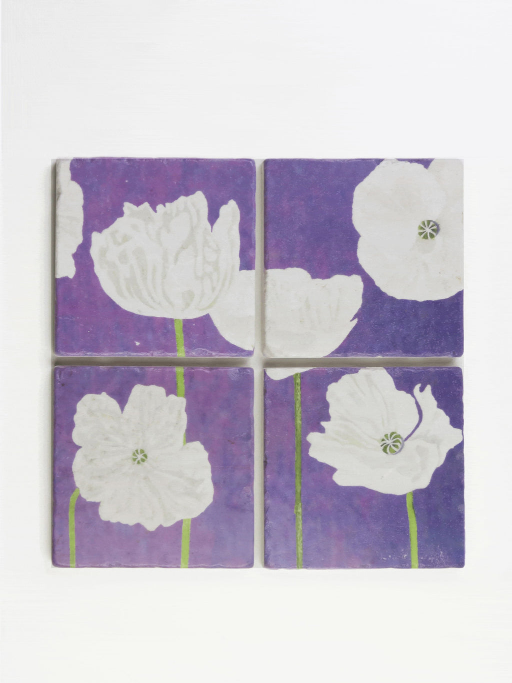 White Poppies on Violet Coaster Set