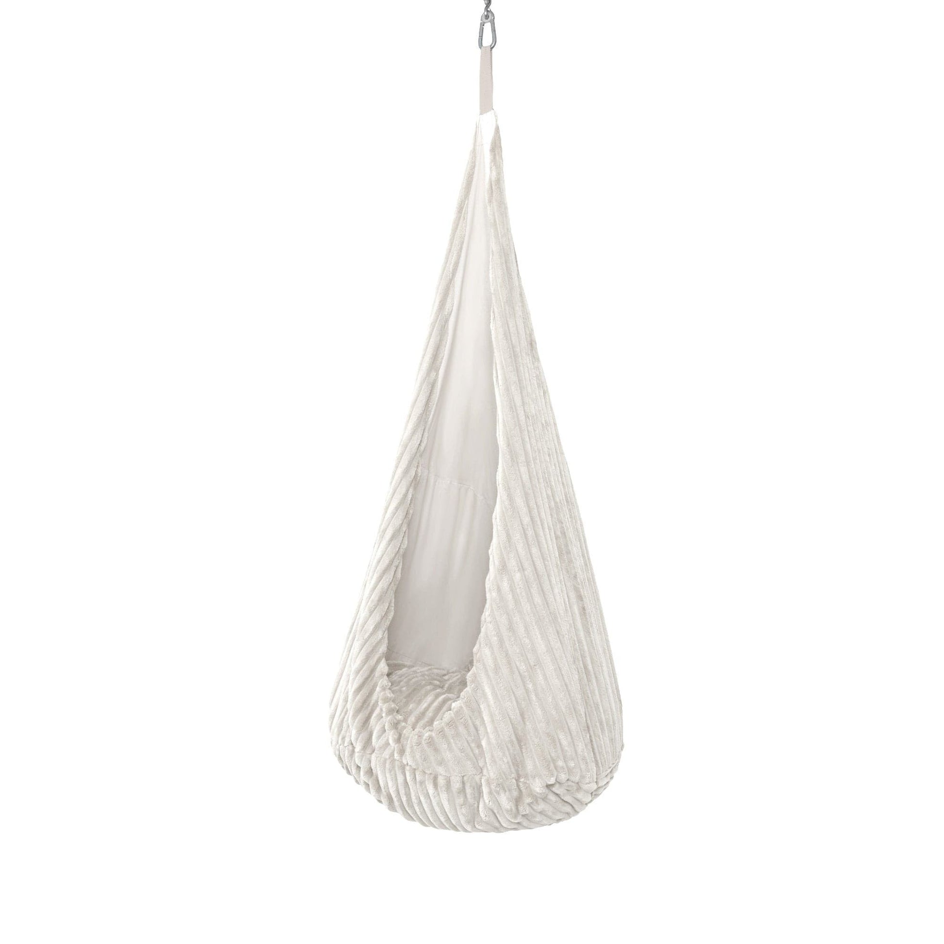 soft white cocoon swing for a child, gently swaying in a sunlit nursery corner