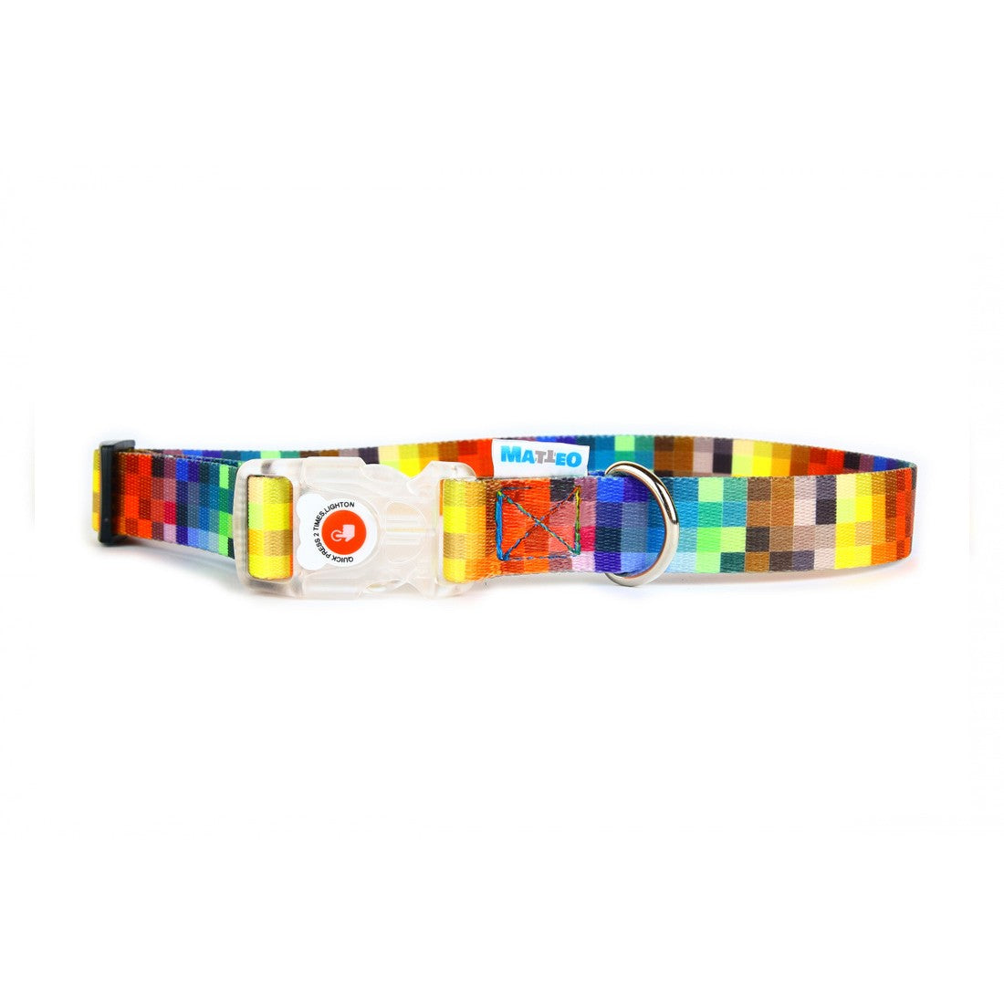 a playful dog modeling the led collar with its vibrant blue light mode glowing in a dimly lit room