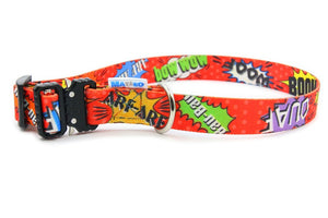 bold red graffiti dog collar with metal buckle in dramatic studio lighting