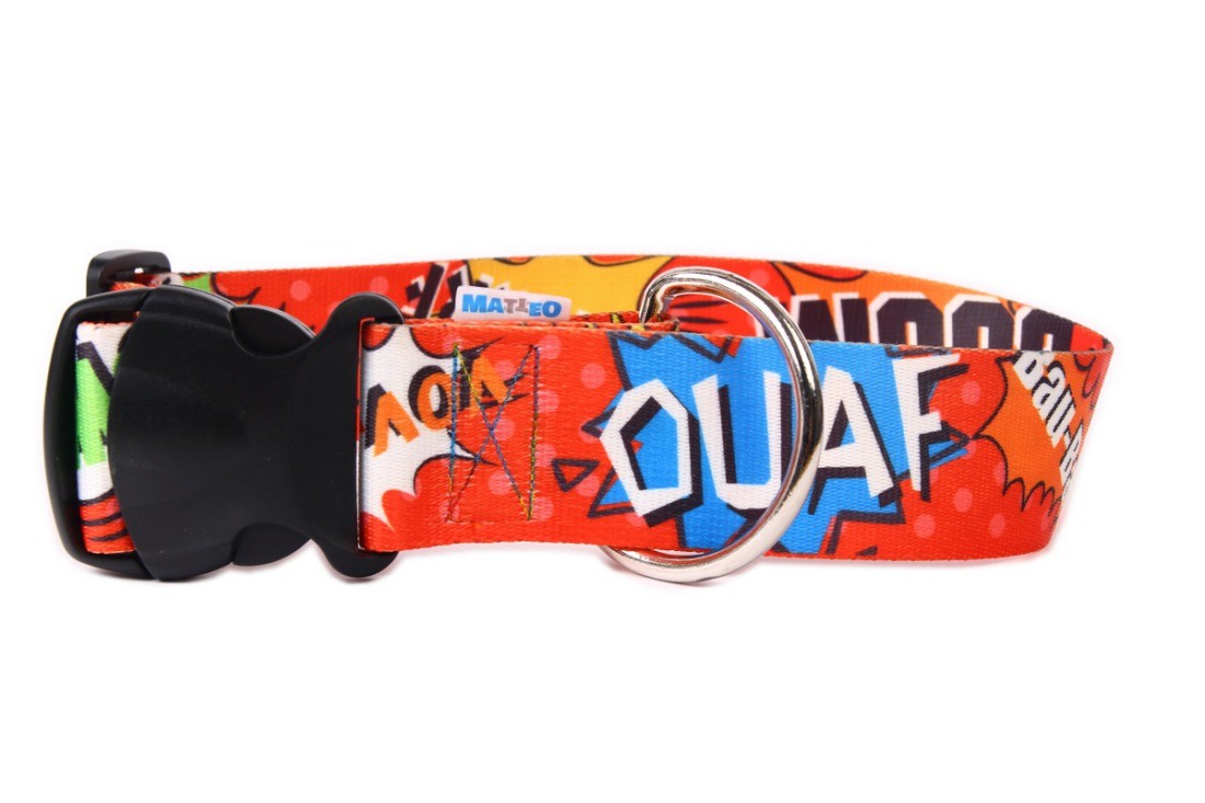 elegant red graffiti dog collar with a glossy nickel-plated buckle on a dark background
