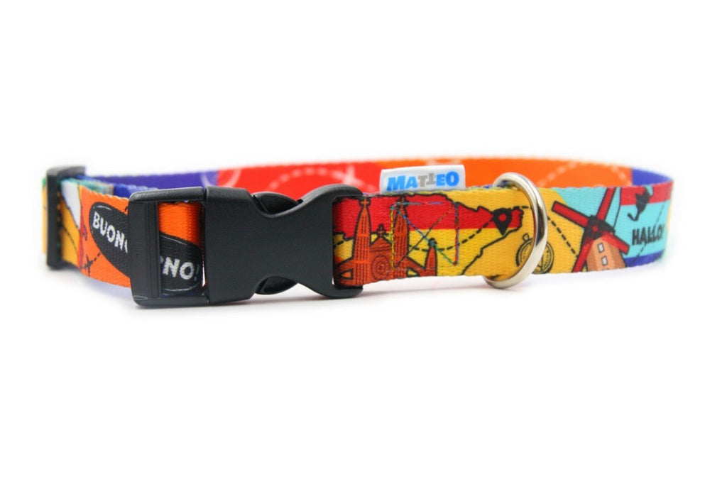 bold close-up of a travel-themed dog collar with airplanes and landmarks on a durable woven tape
