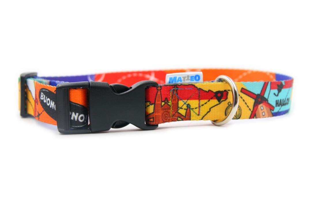 bold close-up of a travel-themed dog collar with airplanes and landmarks on a durable woven tape