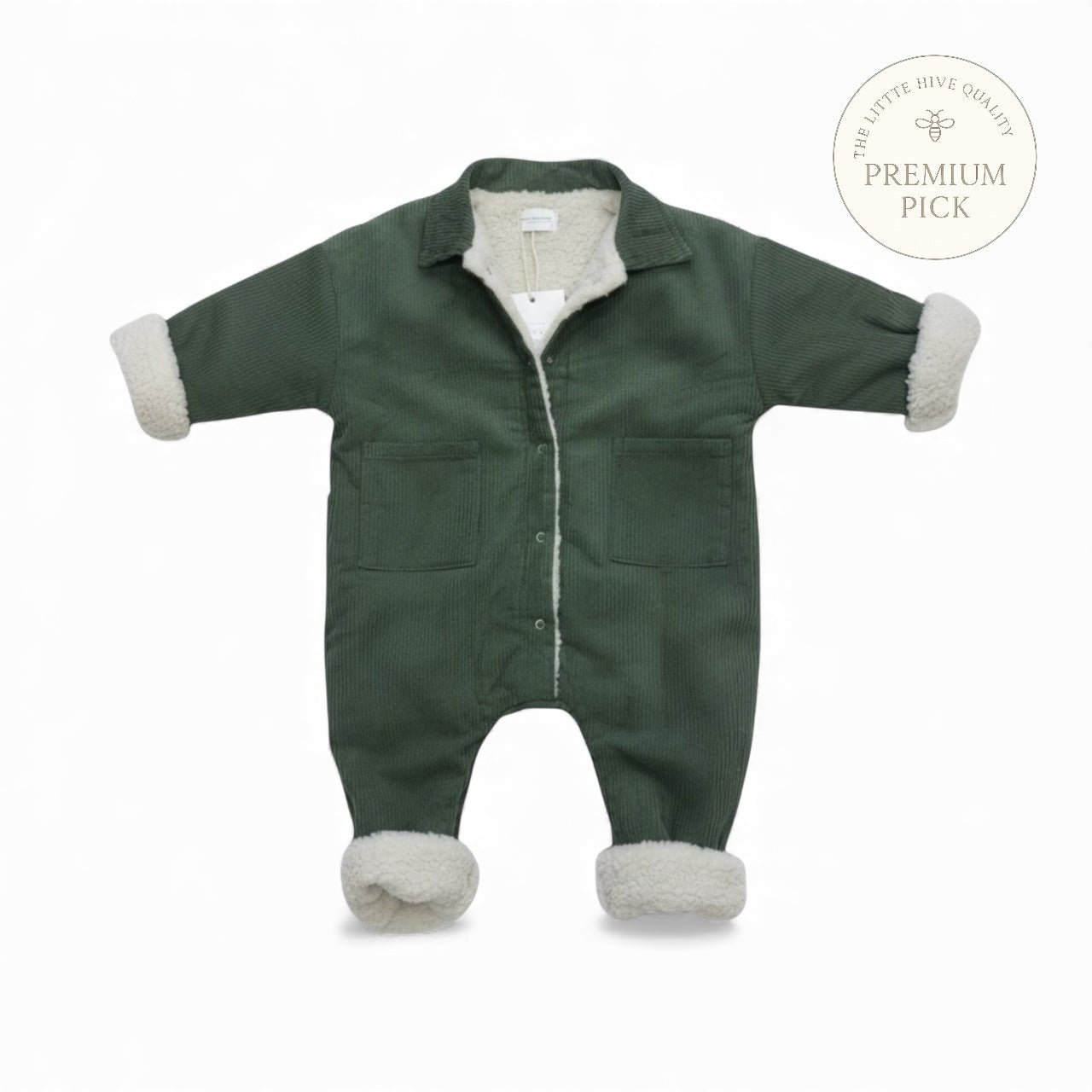 Corduroy Lined Winter Romper in Beige and Green