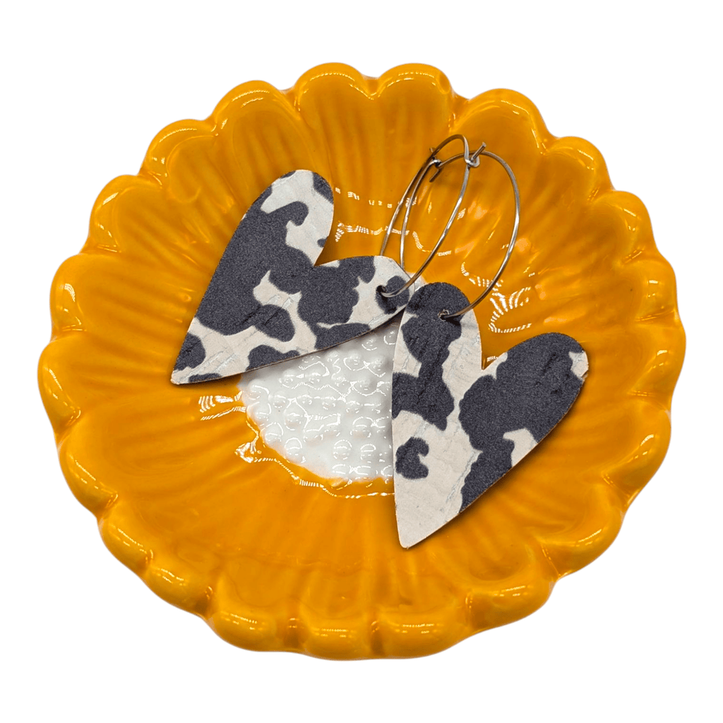 Cow print heart cork hoop earrings