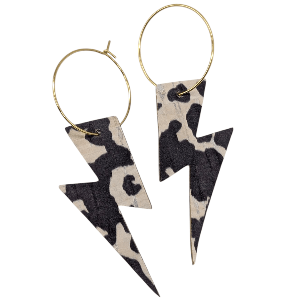 Cow print lightning bolt cork hoop earrings