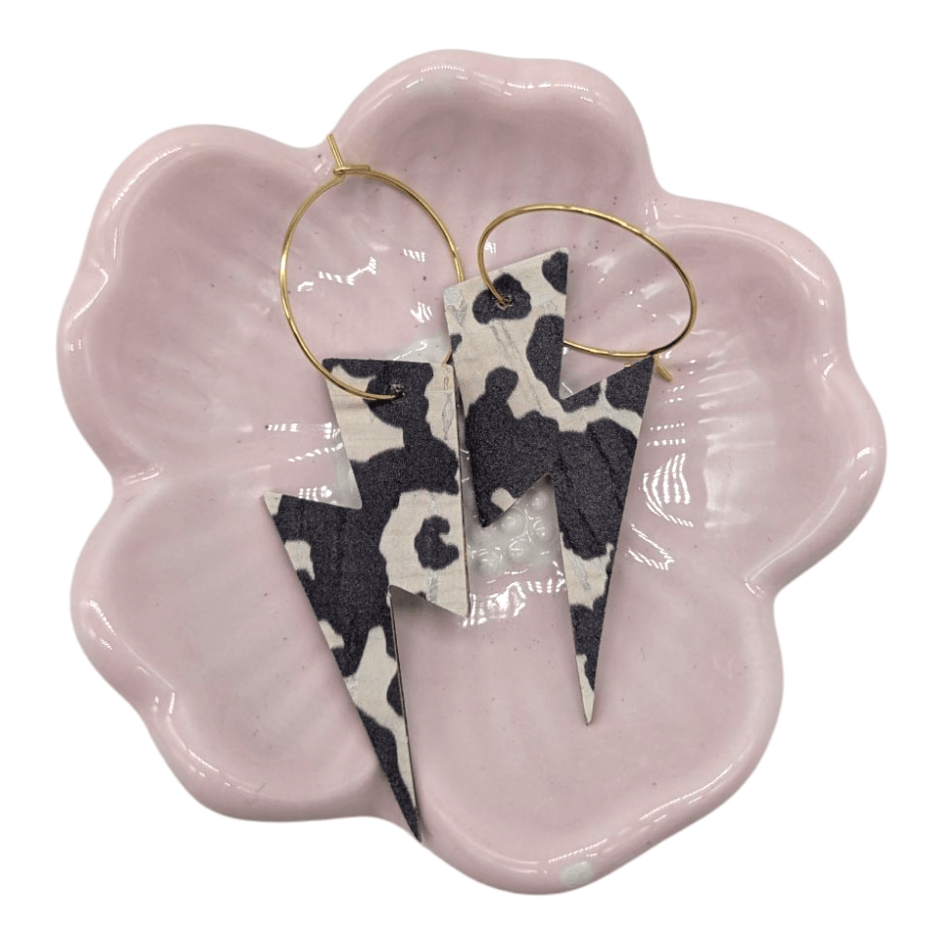 Cow print lightning bolt cork hoop earrings