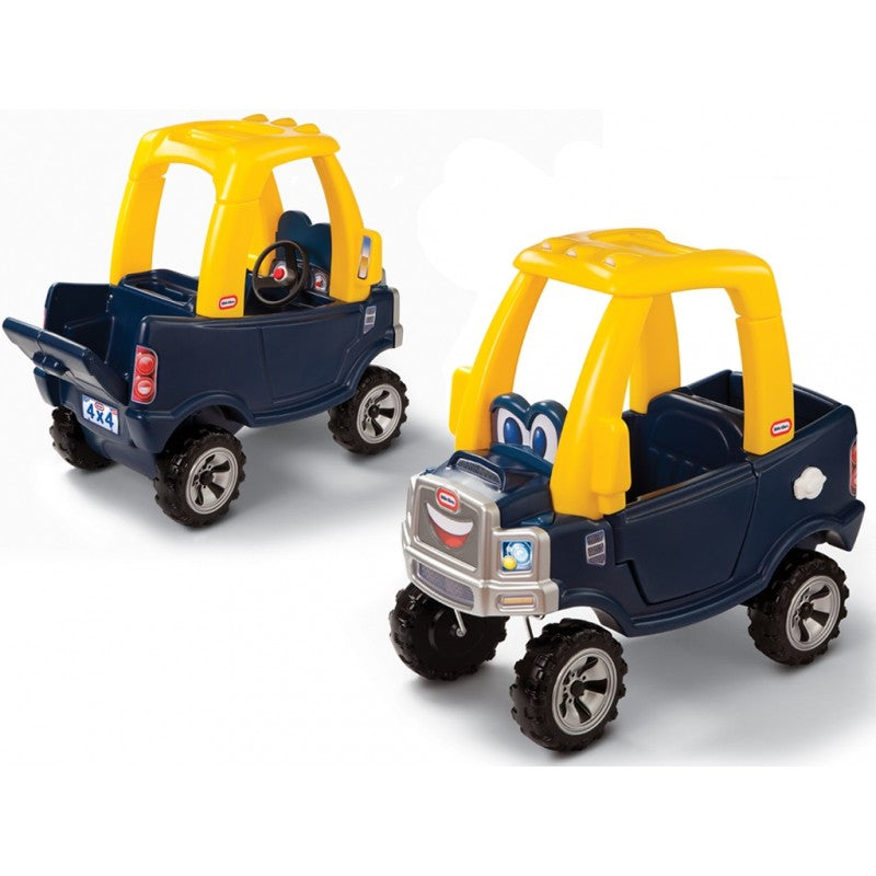 a soft-focus side view of the cozy truck ride-on, showcasing its gentle black and yellow curves and welcoming smile