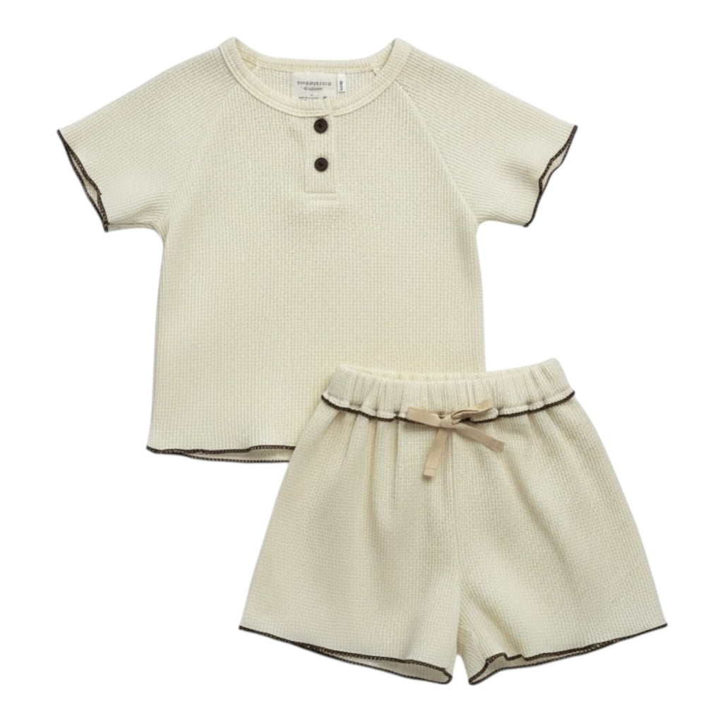 Cream Waffle Ruffle Edge Top and Shorts Set