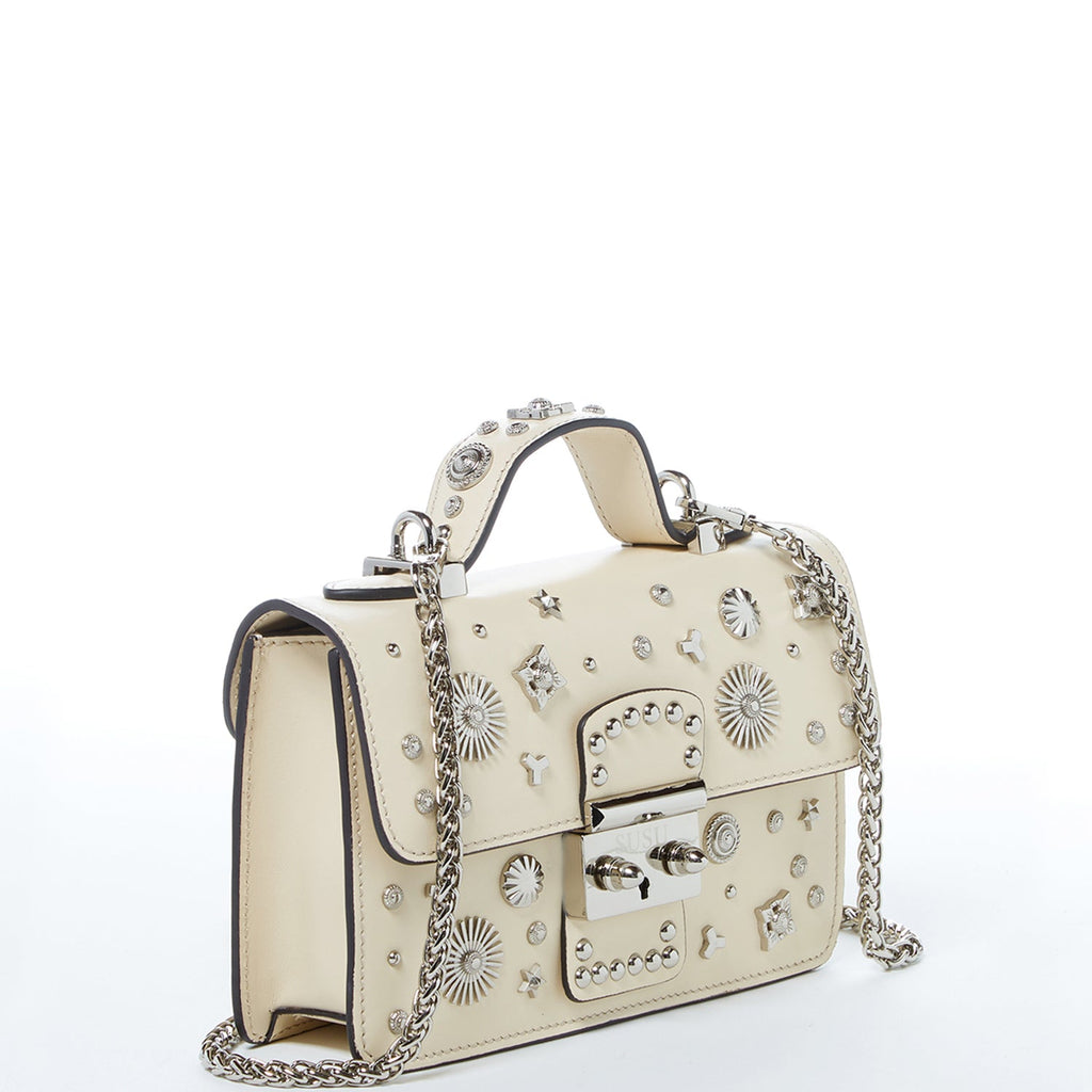 Small Studded Leather Crossbody Bag in Cream