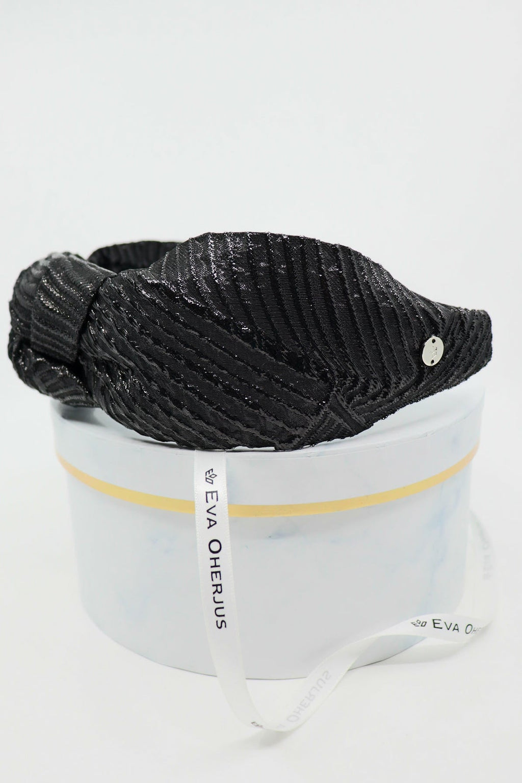 Luxury Black Shimmer Top Knot Headband – Handcrafted & Silk-Lined by Eva Oherjus at www.brixbailey.com
