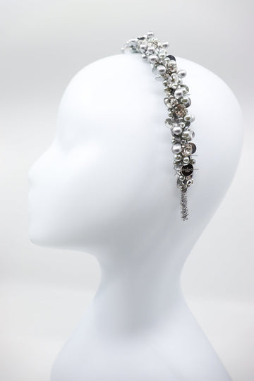 Selena Swarovski Crystal & Pearl Thin Silver Headband by Eva Oherjus at www.brixbailey.com