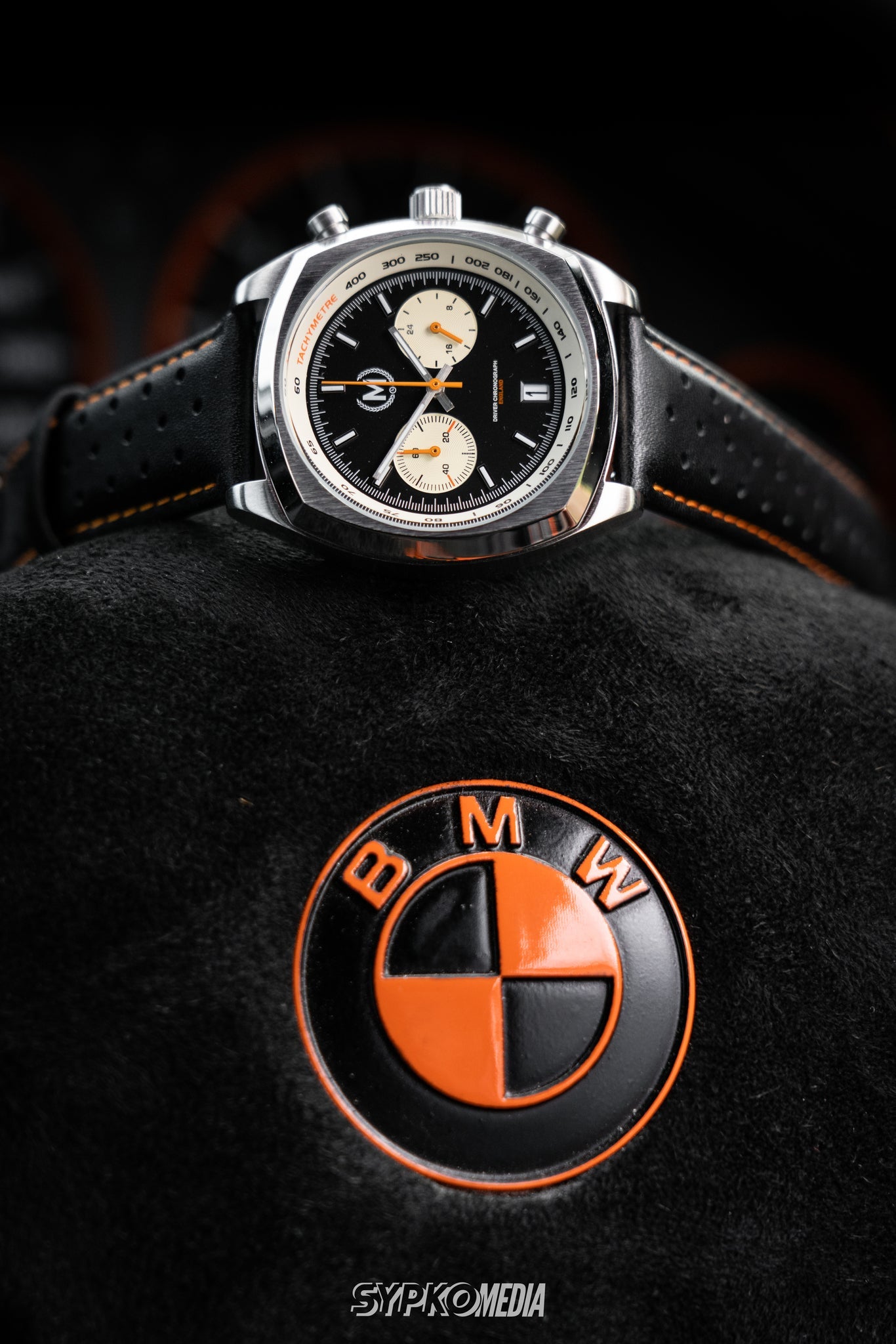 Black and Orange Leather Rally Watch Strap 22mm