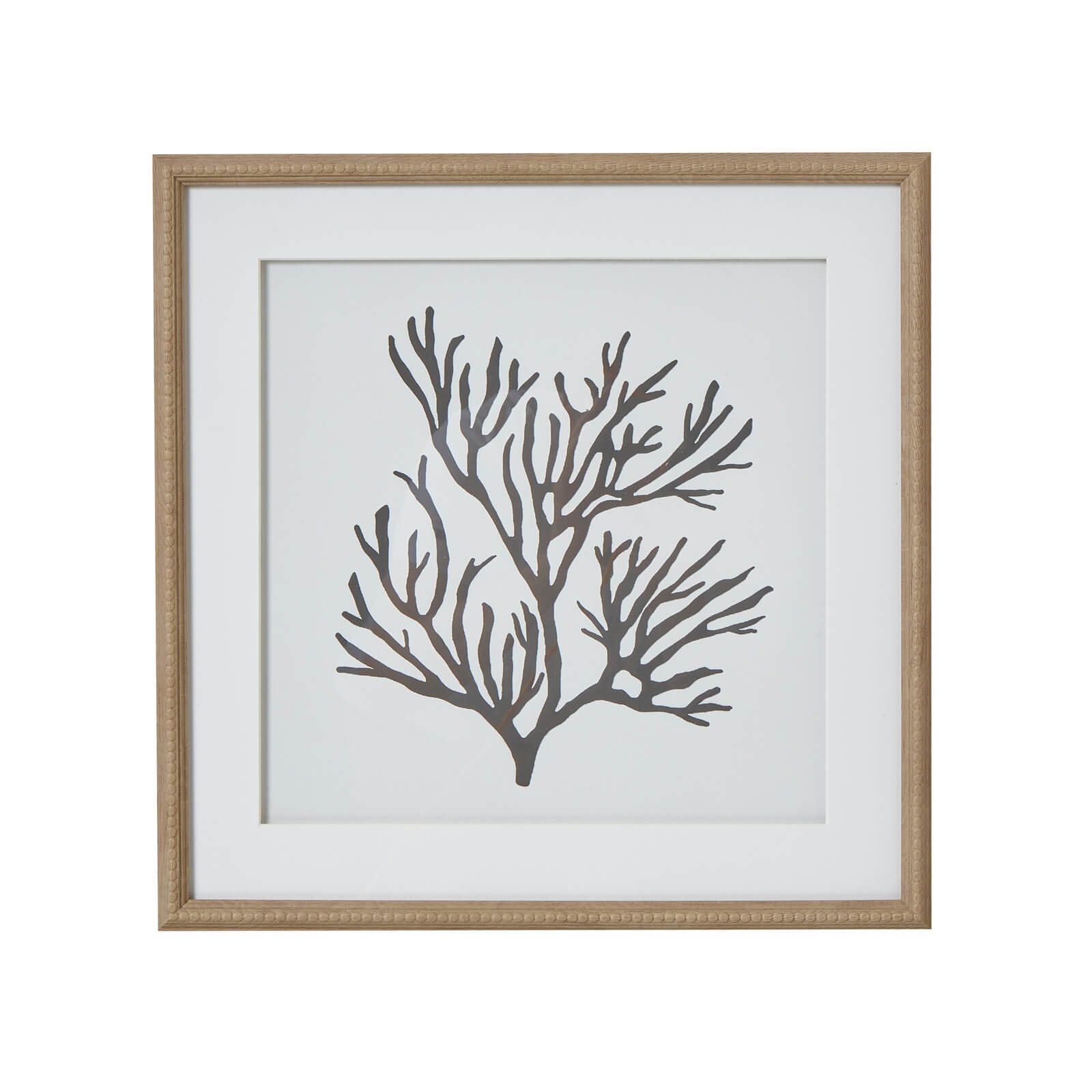 Black coral silhouette artwork on white, framed in natural wood with beaded detailing, 40cm coastal wall decor by Sostter at brixbailey.com