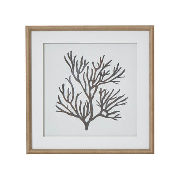 Black coral silhouette artwork on white, framed in natural wood with beaded detailing, 40cm coastal wall decor by Sostter at brixbailey.com